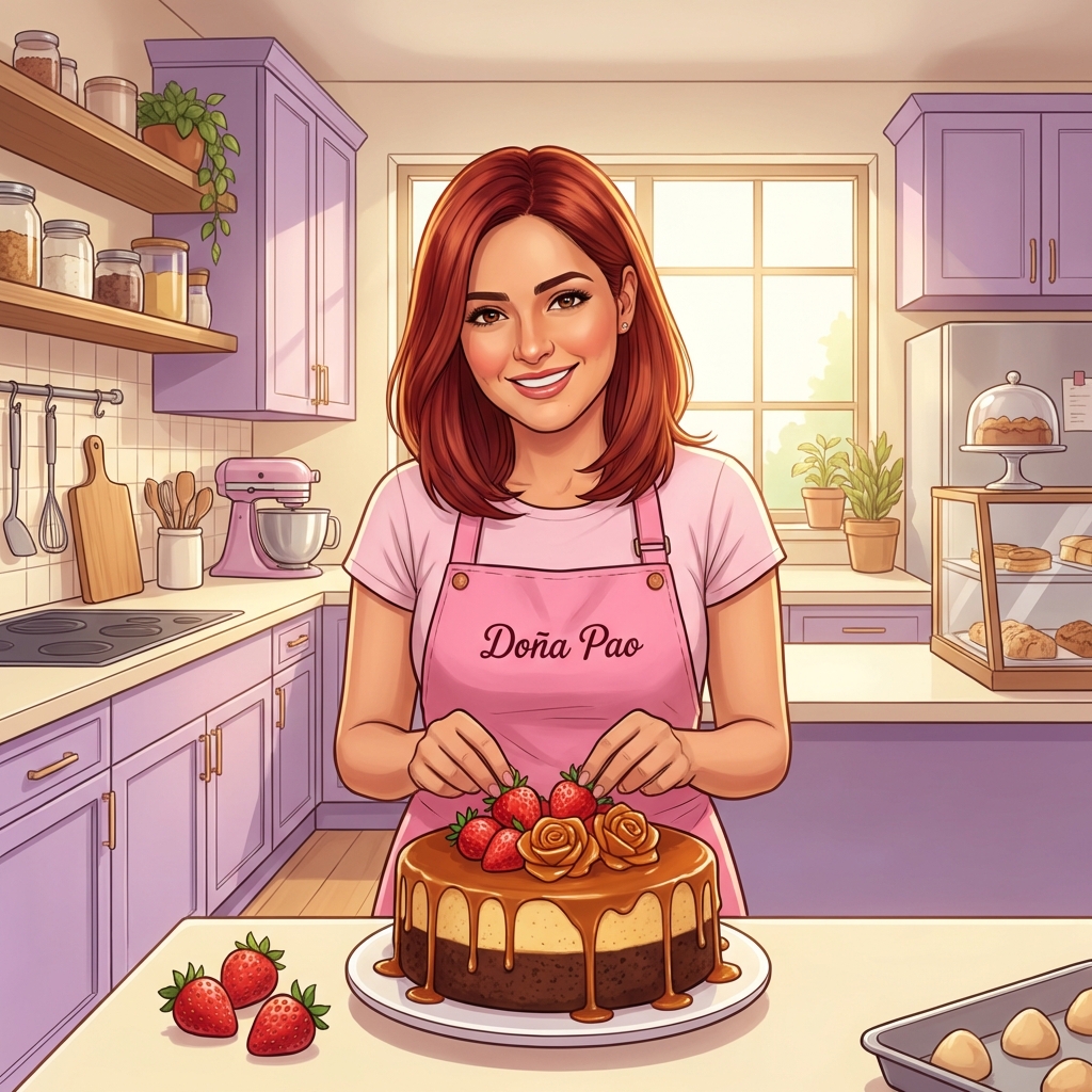 Doña Pao decorating a chocoflan